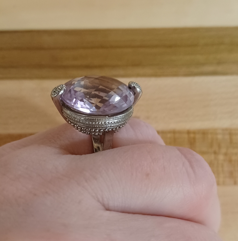 Sterling Silver Ring with a Large, Round-cut Pink Amethyst Gemstone